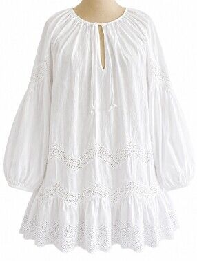 H&M White Eyelet Embroidered Boho Mini Dress Women’s XS